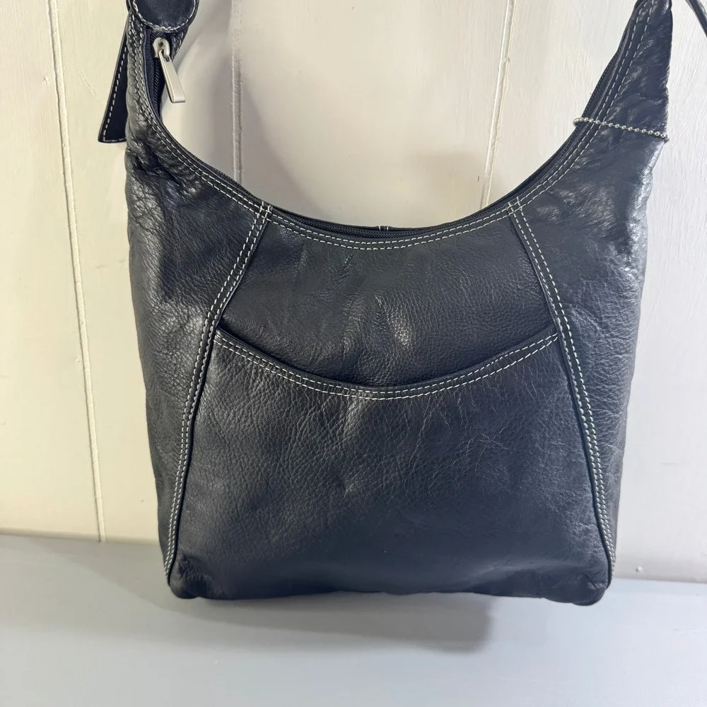 Nino Bossi Black Leather Hobo Crossbody Bag Contrast Stitch Silver Hardware